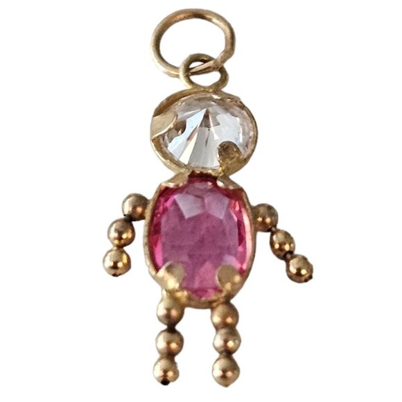 14K Yellow Gold Pink Clear CZ Girl Charm Pendant L78 - Picture 6 of 6